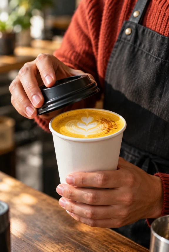 Barista holding a white paper coffee cup and black lid